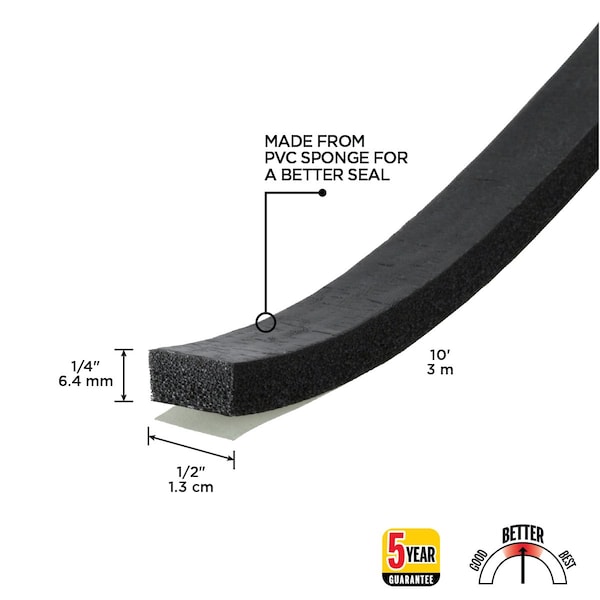 Zoro Select Foam Seal, 10 ft., 1/2 in. W, Black, Rubber - 2RRF1