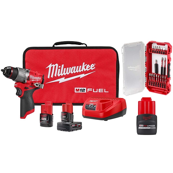 Milwaukee Tool Hammer Drill Kit, Keyless, 12V, 3.1 lb - 3404-22, 48-11-2425, 48-32-4403