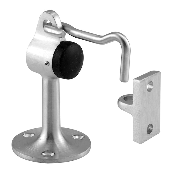 Prime-Line Door Stop, 3-1/4 in., Cast Brass, Brushed Chrome, Rubber Bumper, Hook/Keeper Single Pack - 658-1035