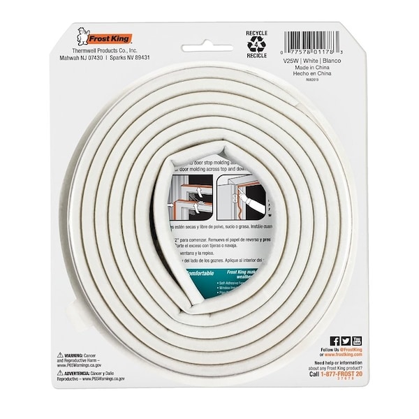 Frost King V25WA Weatherseal Tape, 5/16 in W, 17 ft L, EPDM Rubber, White - V25W