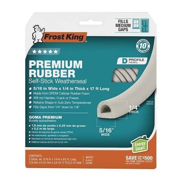 Frost King V25WA Weatherseal Tape, 5/16 in W, 17 ft L, EPDM Rubber, White - V25W