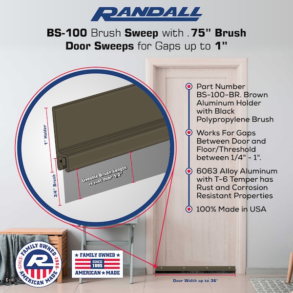 Randall 3' Brown Aluminum Brush Door Sweep For Gap Up To 1" - 3 FT BS-100-BR