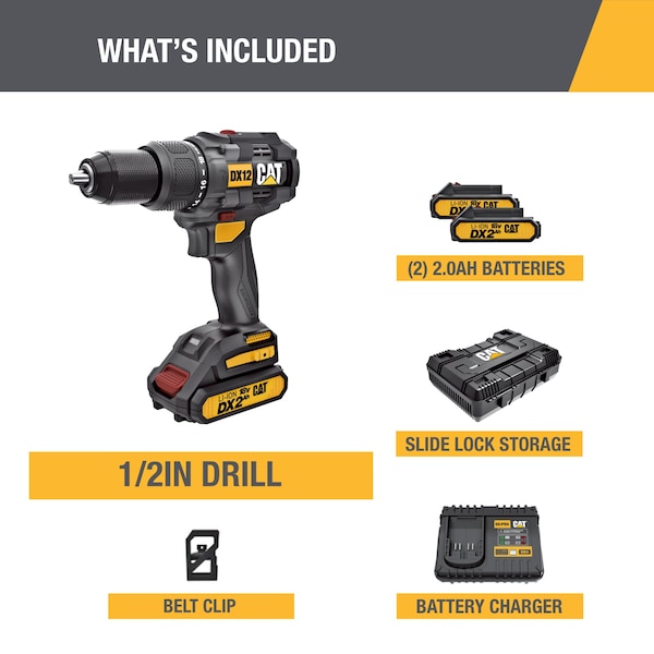 Caterpillar Cat 18V 1 FOR ALL 1/2 in. Cordless Hammer Drill with Brushless Motor and Two Batteries - DX12
