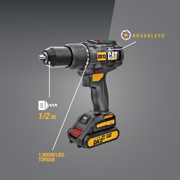 Caterpillar Cat 18V 1 FOR ALL 1/2 in. Cordless Hammer Drill with Brushless Motor and Two Batteries - DX12