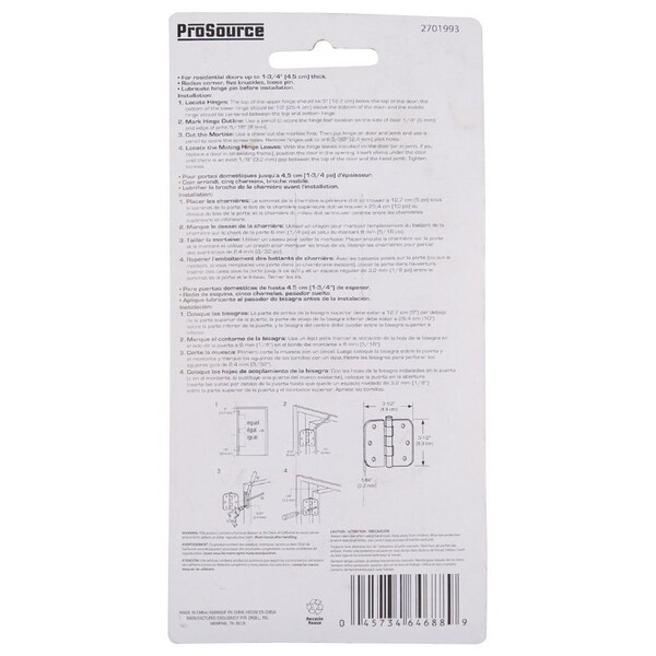 Prosource Door Hinge, Steel, Satin Brass, Loose Pin, 180 deg Range of Motion, Screw Mounting - BH-102SB-PS