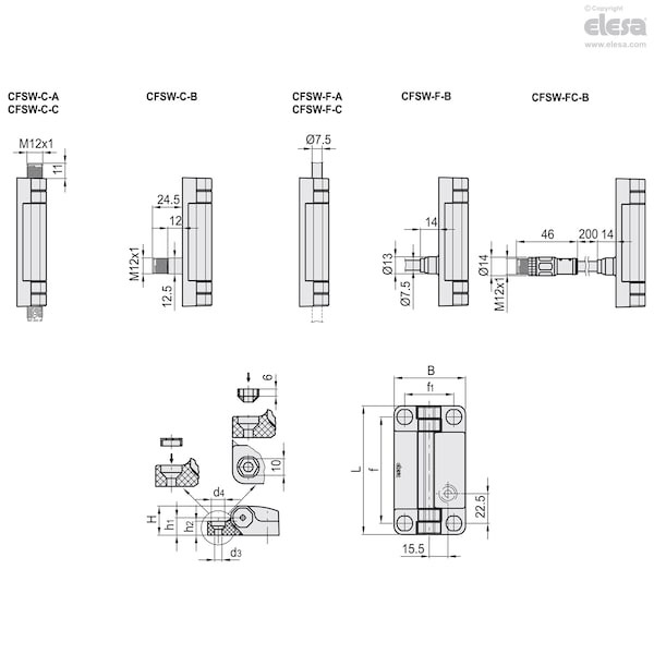 Elesa Hinges with built-in safety switch, CFSW.110-6-2NO+2NC-C-C-C33 - CFSW.