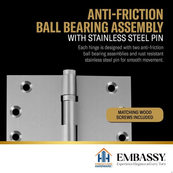 Embassy 4-1/2 x 4-1/2 Solid Brass Ball Bearing Hinge, Satin Nickel Finish Steeple Tips - 4545BBUS15S-1