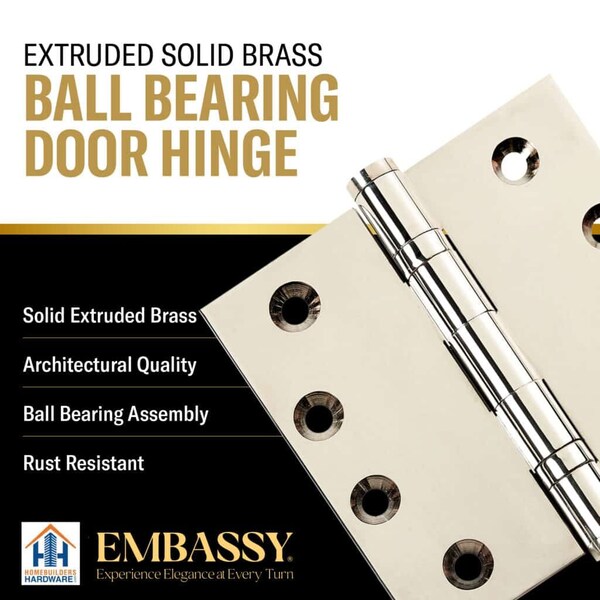 Embassy 4-1/2 x 4-1/2 Solid Brass Ball Bearing Hinge, Polished Nickel Finish Ball Tips - 4545BBUS14B-1