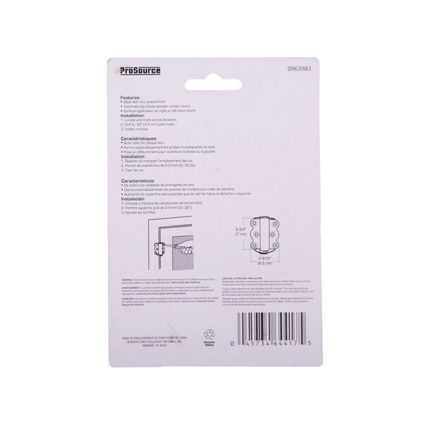 Prosource Spring Hinge, Steel, Zinc, 180 deg Range of Motion, Screw Mounting - 20333ZCB-PS