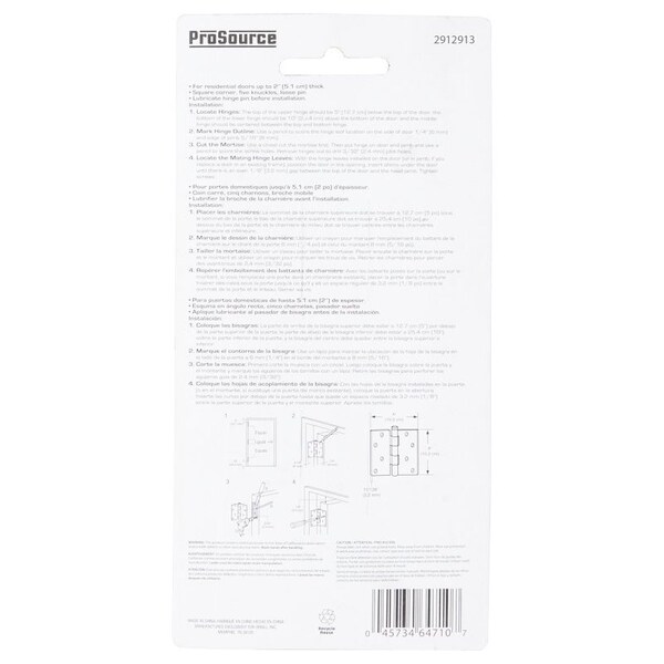 Prosource Utility Hinge, Steel, Galvanized, Removable Pin, 180 deg Range of Motion, Full Mortise Mounting - LR-045-PS