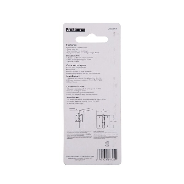 Prosource Utility Hinge, Steel, Zinc, Removable Pin, 180 deg Range of Motion, Full Mortise Mounting - LR-038-PS