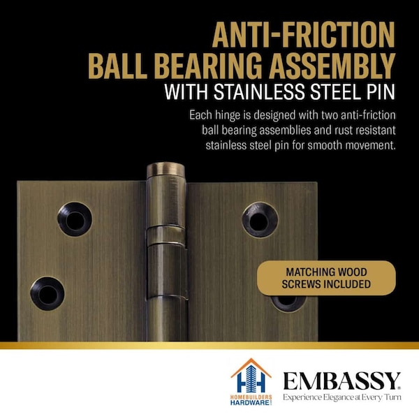 Embassy 3-1/2 x 3-1/2 Solid Brass Hinge, Antique Brass Finish with Acorn Tips - 3535BBUS5A-1