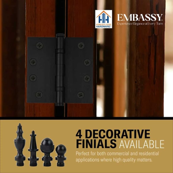 Embassy 3-1/2 x 3-1/2 Solid Brass Hinge, Flat Black Finish with Steeple Tips - 3535BBUS19S-1