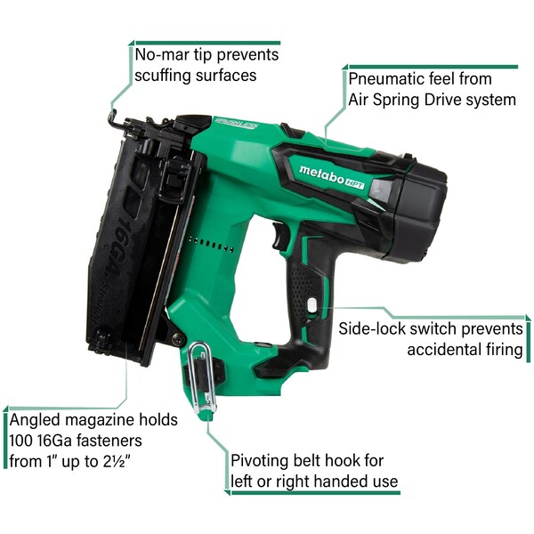 Metabo Hpt 18V Cordless Brushless Li-Ion 15-Gauge Angled Finish Nailer Bare - NT1865DMSQ7M