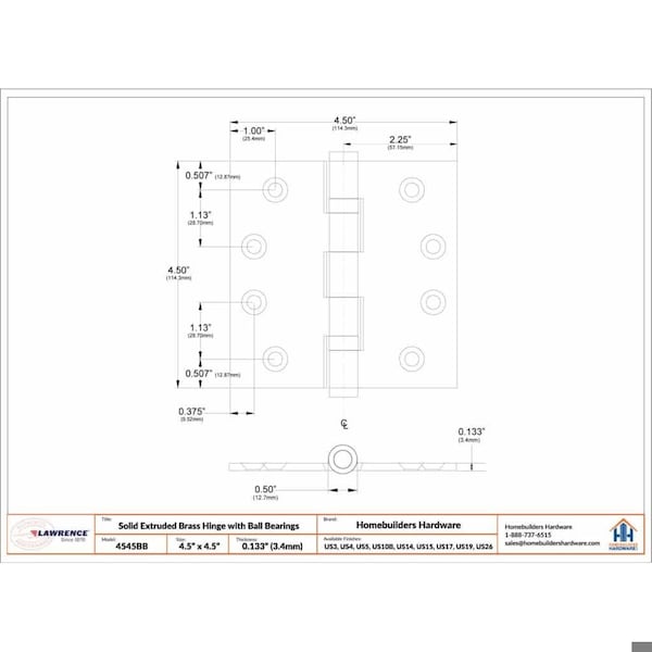 Embassy 4-1/2 x 4-1/2 Solid Brass Ball Bearing Hinge, Polished Nickel Finish Steeple Tips - 4545BBUS14S-1