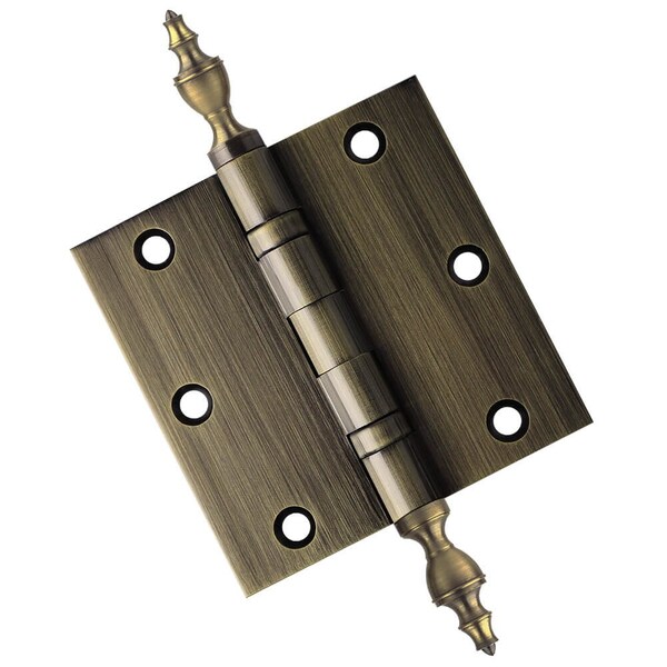 Embassy 3-1/2 x 3-1/2 Solid Brass Hinge, Antique Brass Finish with Urn Tips - 3535BBUS5U-1