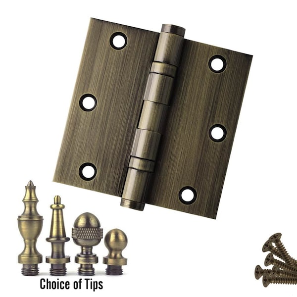 Embassy 3-1/2 x 3-1/2 Solid Brass Hinge, Antique Brass Finish with Urn Tips - 3535BBUS5U-1