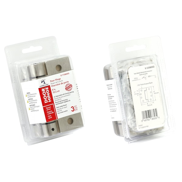Prime-Line Door Hinge Commercial UL Adjust Self-Close, 4 in. w/ Square Corners, Satin Nickel Finish 3 Pack - U 1158353