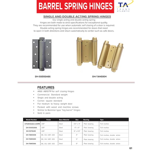 Trans Atlantic Co. 4 in. Bright Brass Double Acting Barrel Spring Squared Hinge with Non-Removable Pin - Set of 2 - DH-TAN5004-US3