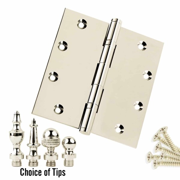 Embassy 5 x 5 Solid Brass Ball Bearing Hinge, Polished Nickel Finish Urn Tips - 5050BBUS14U-1
