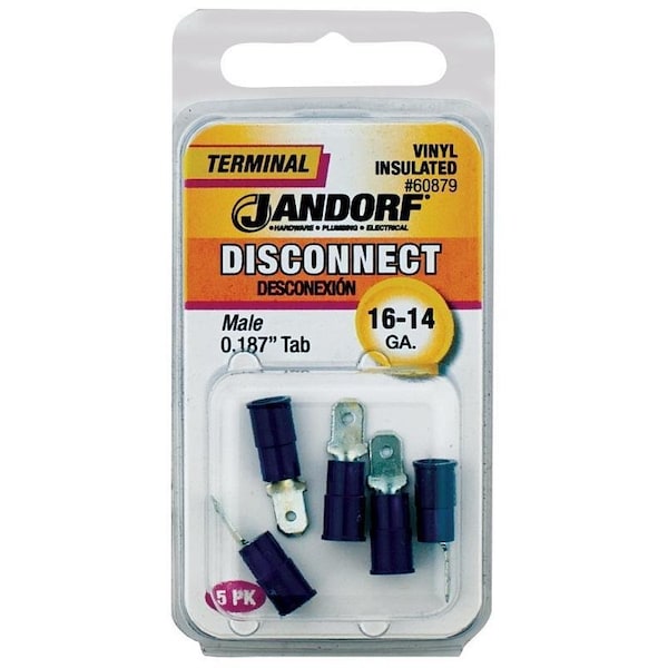 Jandorf Disconnect Terminal, 16 to 14 AWG Wire, Vinyl Insulation, Copper Contact, Blue, 5PK - 60879