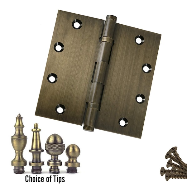 Embassy 5 x 5 Solid Brass Ball Bearing Hinge, Antique Brass Finish Steeple Tips - 5050BBUS5S-1