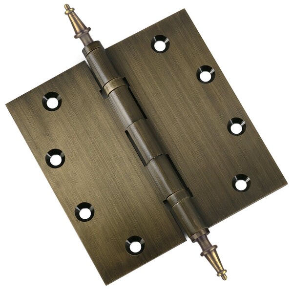 Embassy 5 x 5 Solid Brass Ball Bearing Hinge, Antique Brass Finish Steeple Tips - 5050BBUS5S-1