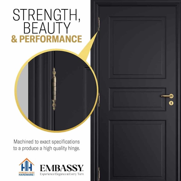 Embassy 5 x 5 Solid Brass Ball Bearing Hinge, Antique Brass Finish Steeple Tips - 5050BBUS5S-1
