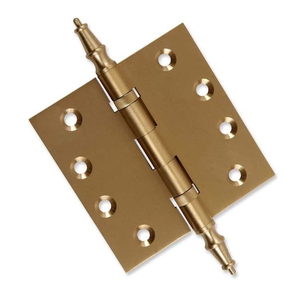 Embassy 4-1/2 x 4-1/2 Solid Brass Ball Bearing Hinge, Satin Brass Finish Steeple Tips - 4545BBUS4S-1