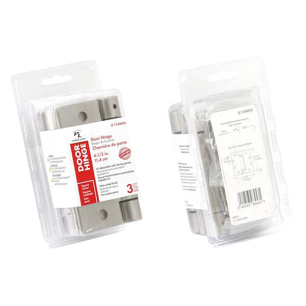 Prime-Line Door Hinge Commercial UL Adjust Self-Close, 4-1/2 in. with Sq. Corners, Satin Nickel 3 Pack - U 1158453