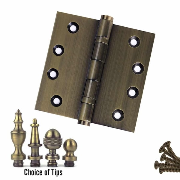 Embassy 4-1/2 x 4-1/2 Solid Brass Ball Bearing Hinge, Antique Brass Finish with Flat Tips - 4545BBUS5F-1