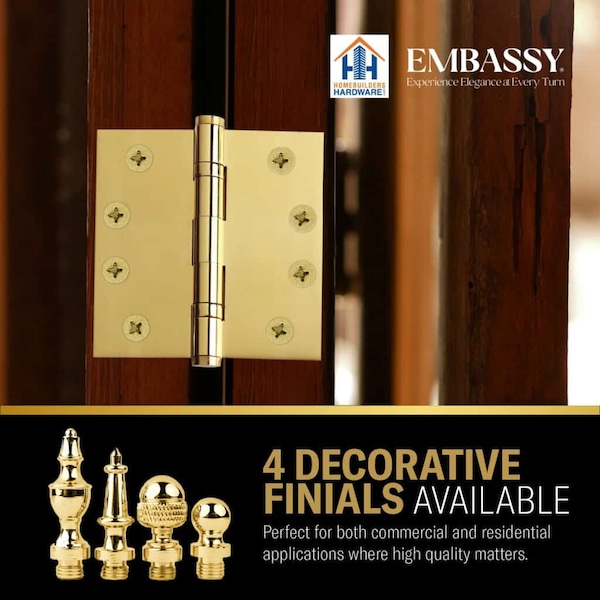 Embassy 5 x 5 Solid Brass Ball Bearing Hinge, Polished Brass Finish Steeple Tips - 5050BBUS3S-1