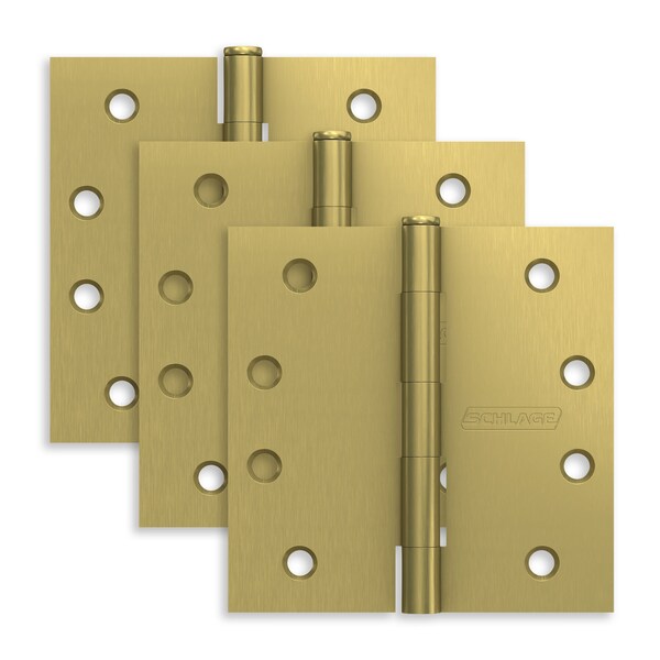 Schlage Residential Pack of 3 4in x 4in Square Corner Hinges Satin Brass Finish, 3PK - S3P1020FRP608
