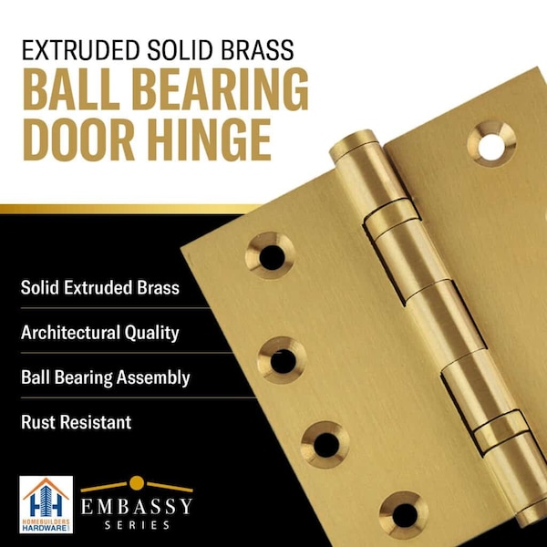 Embassy 4 x 4 Solid Brass Ball Bearing Hinge, Satin Brass Finish Acorn Tips - 4040BBUS4A-1