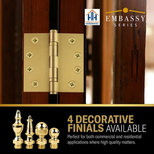 Embassy 4 x 4 Solid Brass Ball Bearing Hinge, Satin Brass Finish Ball Tips - 4040BBUS4B-1