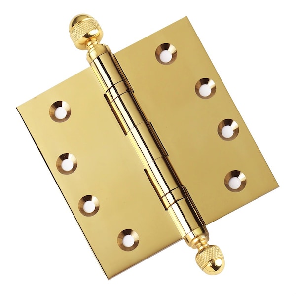 Embassy 4 x 4 Solid Brass Ball Bearing Hinge, Polished Brass Finish Acorn Tips - 4040BBUS3A-1