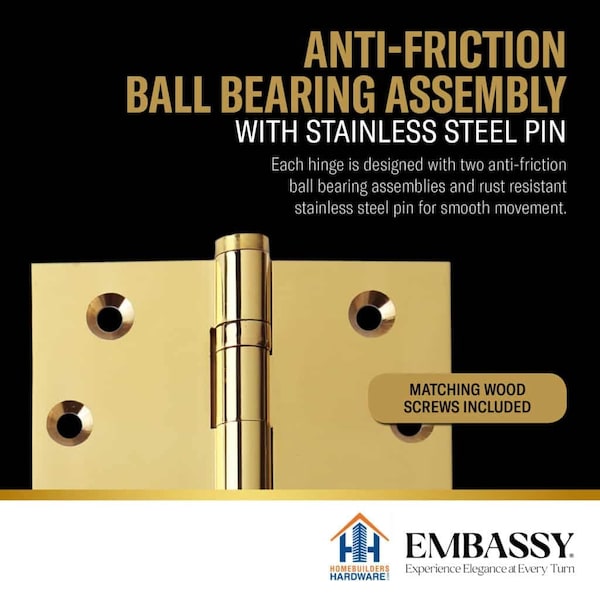 Embassy 4 x 4 Solid Brass Ball Bearing Hinge, Polished Brass Finish with Flat Tips - 4040BBUS3F-1