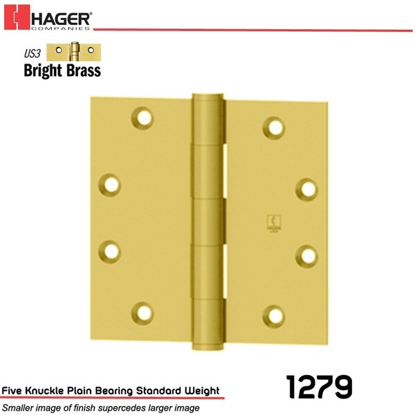 Hager Hinge 4 x 4 in. US3 Full Mortise Hinge Stock, No.011092, Bright Brass - RC12794314.BX