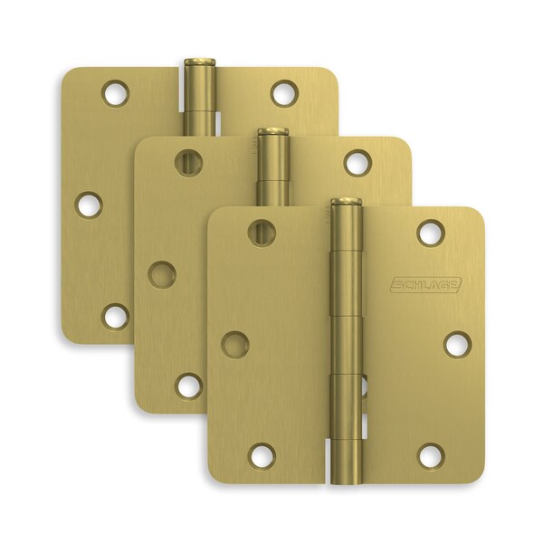 Schlage Residential Pack of 3 3-1/2in x 3-1/2in 1/4in Radius Corner Hinges Satin Brass Finish, 3PK - S3P1012FRP608
