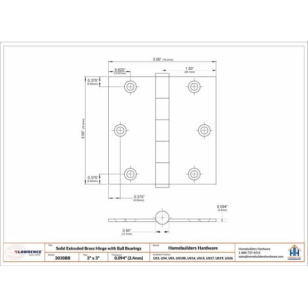 Embassy 3 x 3 Solid Brass Hinge, Polished Nickel Finish with Urn Tips - 3030US14U-1