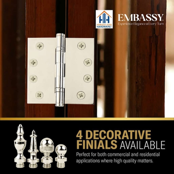 Embassy 3 x 3 Solid Brass Hinge, Polished Nickel Finish with Urn Tips - 3030US14U-1