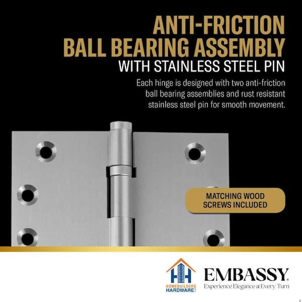 Embassy 5 x 5 Solid Brass Ball Bearing Hinge, Satin Nickel Finish Ball Tips - 5050BBUS15B-1