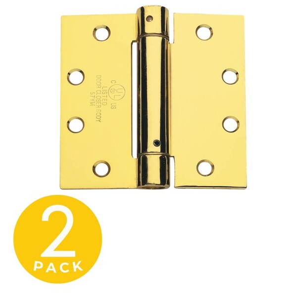 Global Door Controls 4 in. x 4 in. Bright Brass Full Mortise Spring Squared Hinge with Non-Removable Pin - Set of 2 - CPS4040-US3-M