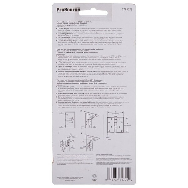 Prosource Square Corner Door Hinge, Steel, Satin Nickel, Loose Pin, 180 deg Range of Motion - BH-502SN-PS