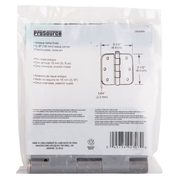 Prosource Door Hinge, Steel, Antique Nickel, Loose Pin, 180 deg Range of Motion, Screw Mounting - 20347ANX