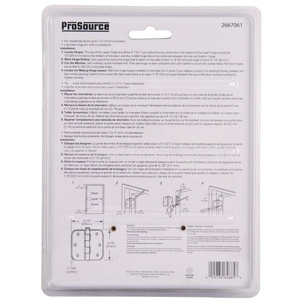 Prosource Door Hinge, Solid Brass, Brass, Loose Pin, 180 deg Range of Motion, Screw Mounting - BH-BR21B-PS