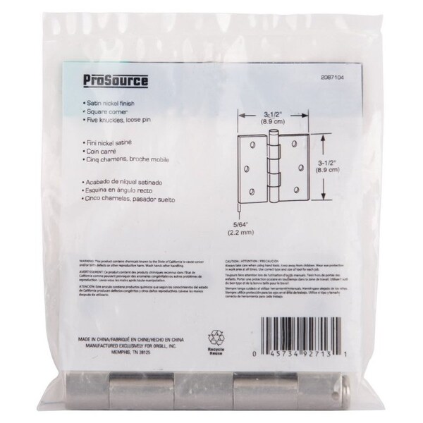 Prosource Square Corner Door Hinge, Steel, Satin Nickel, Loose Pin, 180 deg Range of Motion - 20338SNX
