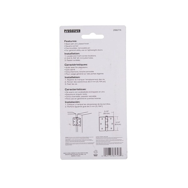 Prosource Utility Hinge, Steel, Zinc, Removable Pin, 180 deg Range of Motion, Full Mortise Mounting - LR-041-PS