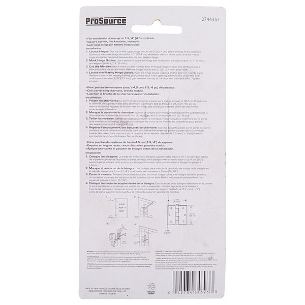 Prosource Square Corner Door Hinge, Steel, Chrome, Loose Pin, 180 deg Range of Motion, Screw Mount Mounting - BH-202CH-PS