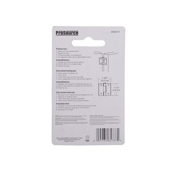 Prosource Utility Hinge, Steel, Zinc, Removable Pin, 180 deg Range of Motion, Full Mortise Mounting - LR-053-PS